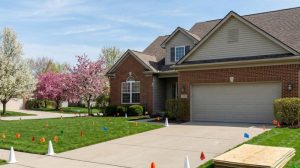 A residential driveway in Auburn Hills cleared for a new concrete installation, featuring MISS DIG utility marking flags, safety cones, and plywood for turf protection during spring.
