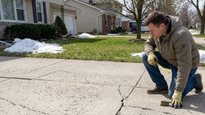 A homeowner in Macomb County inspecting a concrete driveway for winter damage, including cracks and surface scaling, during early spring.