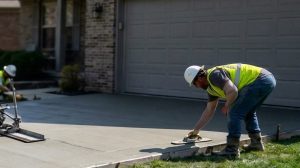A construction crew pours a new concrete driveway at a suburban home in spring, with a mixer truck, workers in safety gear, and blossoming trees in the background.