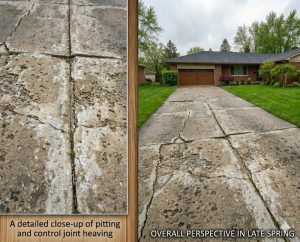 Damaged concrete driveway showing winter damage cracks and spalling in Sterling Heights Michigan